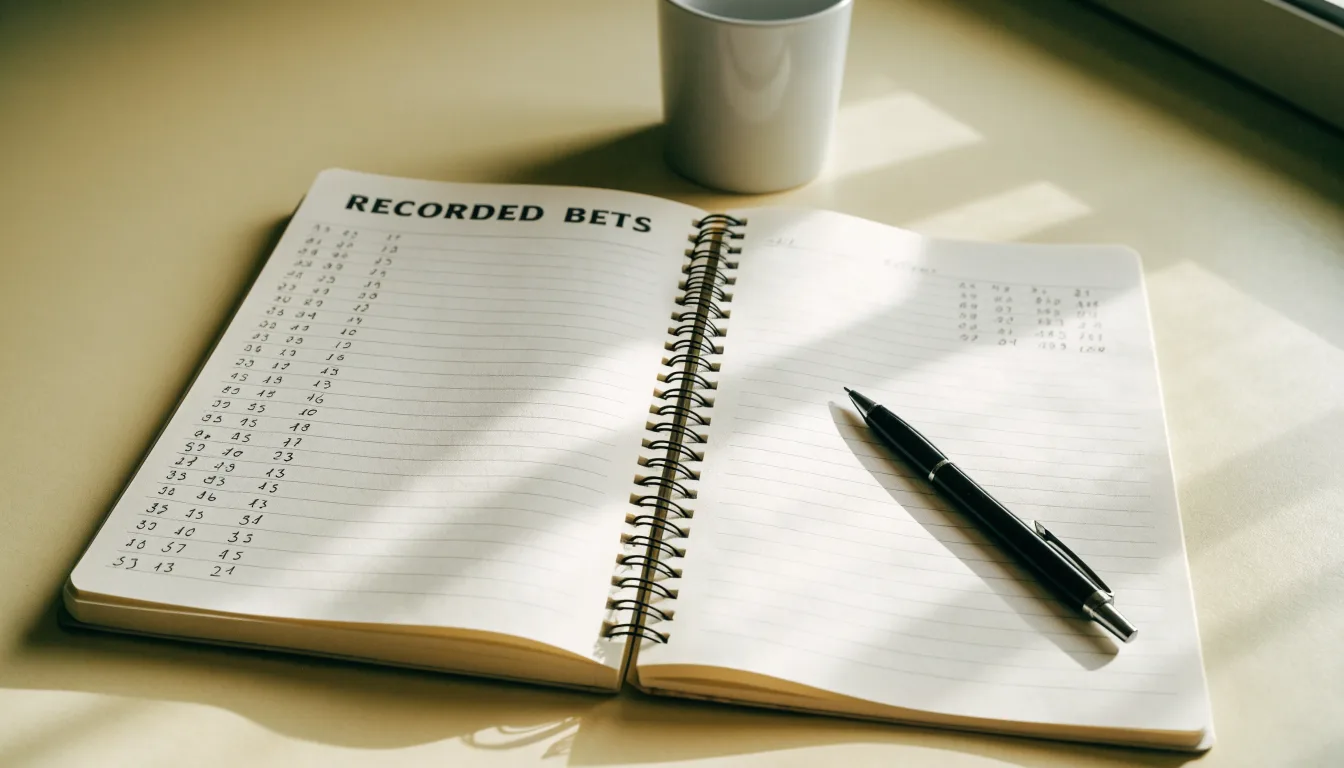 Ein aufgeschlagenes Notizbuch mit handschriftlichen Notizen und ein Kugelschreiber liegen auf einem hellen Schreibtisch neben einer Kaffeetasse.