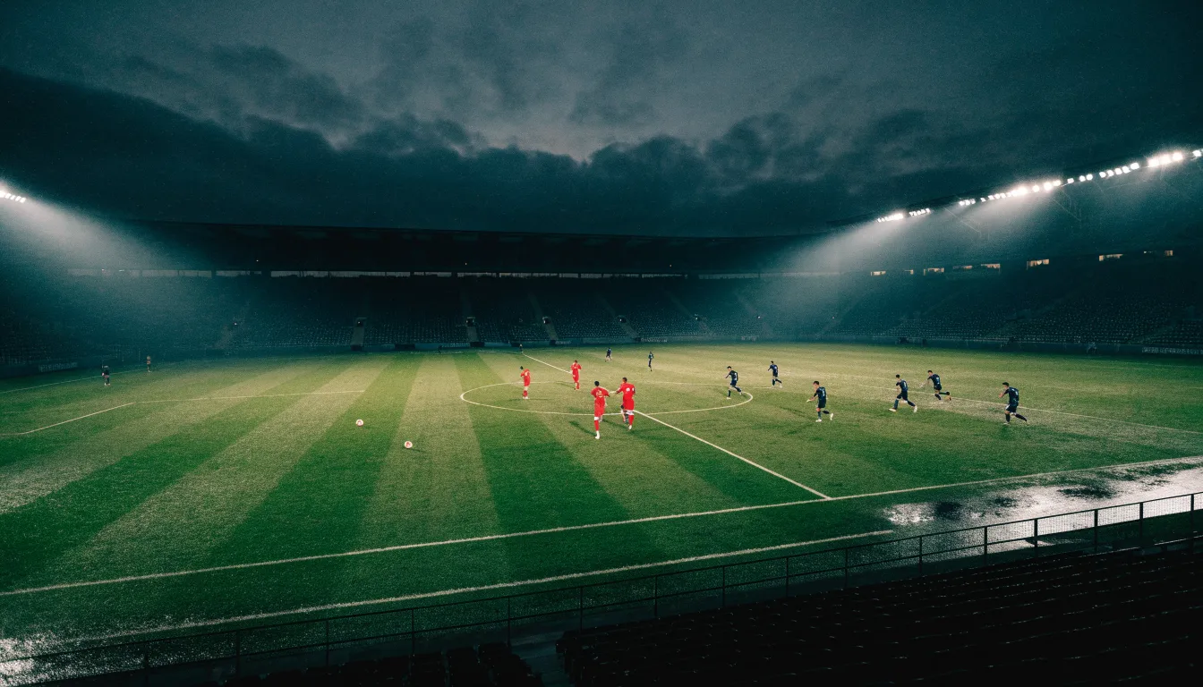 Ein Fußballplatz mit Flutlichtmasten in der Abenddämmerung, aus der Ferne gesehen, leere Tribünen und nasser Rasen unter bewölktem Himmel.