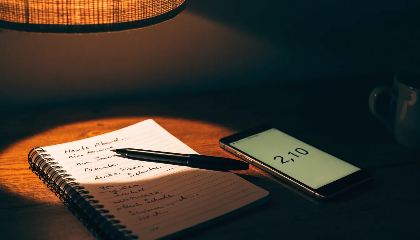 Ein Taschenrechner und ein Blatt Papier mit handschriftlichen Notizen liegen auf einem Schreibtisch unter dem warmen Licht einer Lampe.