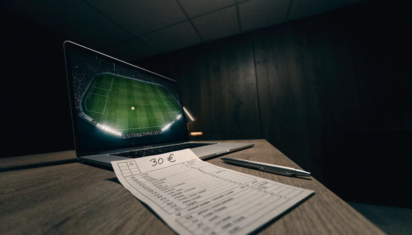 Ein Stadion unter Flutlicht bei Nacht, von einem Hügel aus der Ferne betrachtet, mit Dunst über dem Spielfeld.