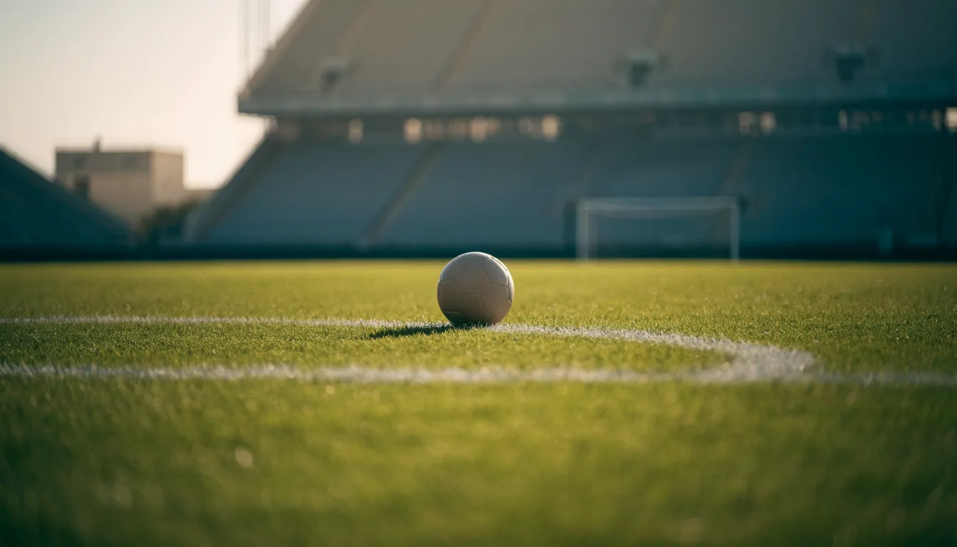 Ein Fußball liegt auf dem Elfmeterpunkt eines leeren Rasenplatzes, im Hintergrund eine Tribüne im Dunst.