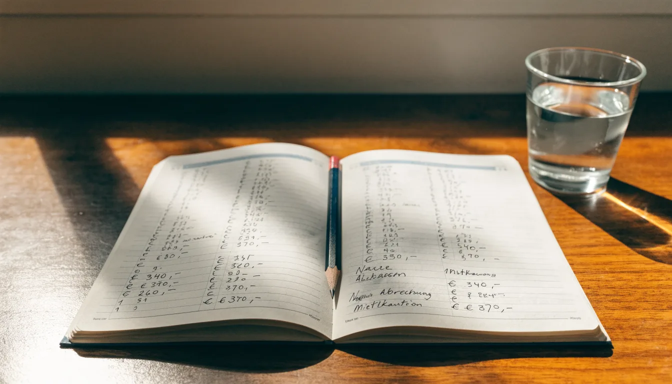 Ein aufgeschlagenes Heft mit handschriftlichen Notizen und ein Bleistift liegen auf einem Schreibtisch, daneben ein Glas Wasser.