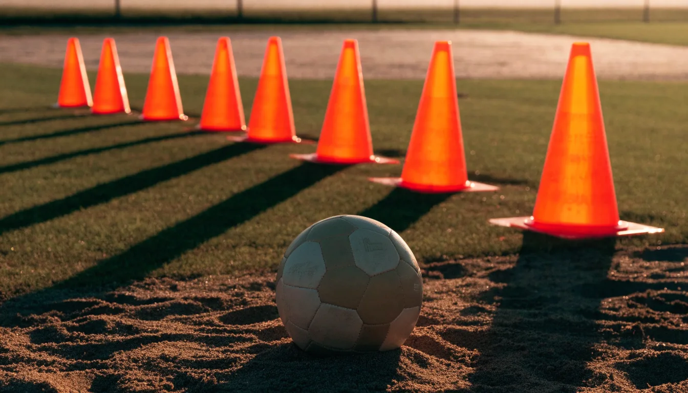 Ein Fußball auf rotem Sandboden neben einer Reihe Hütchen auf einem Trainingsplatz bei untergehender Sonne.