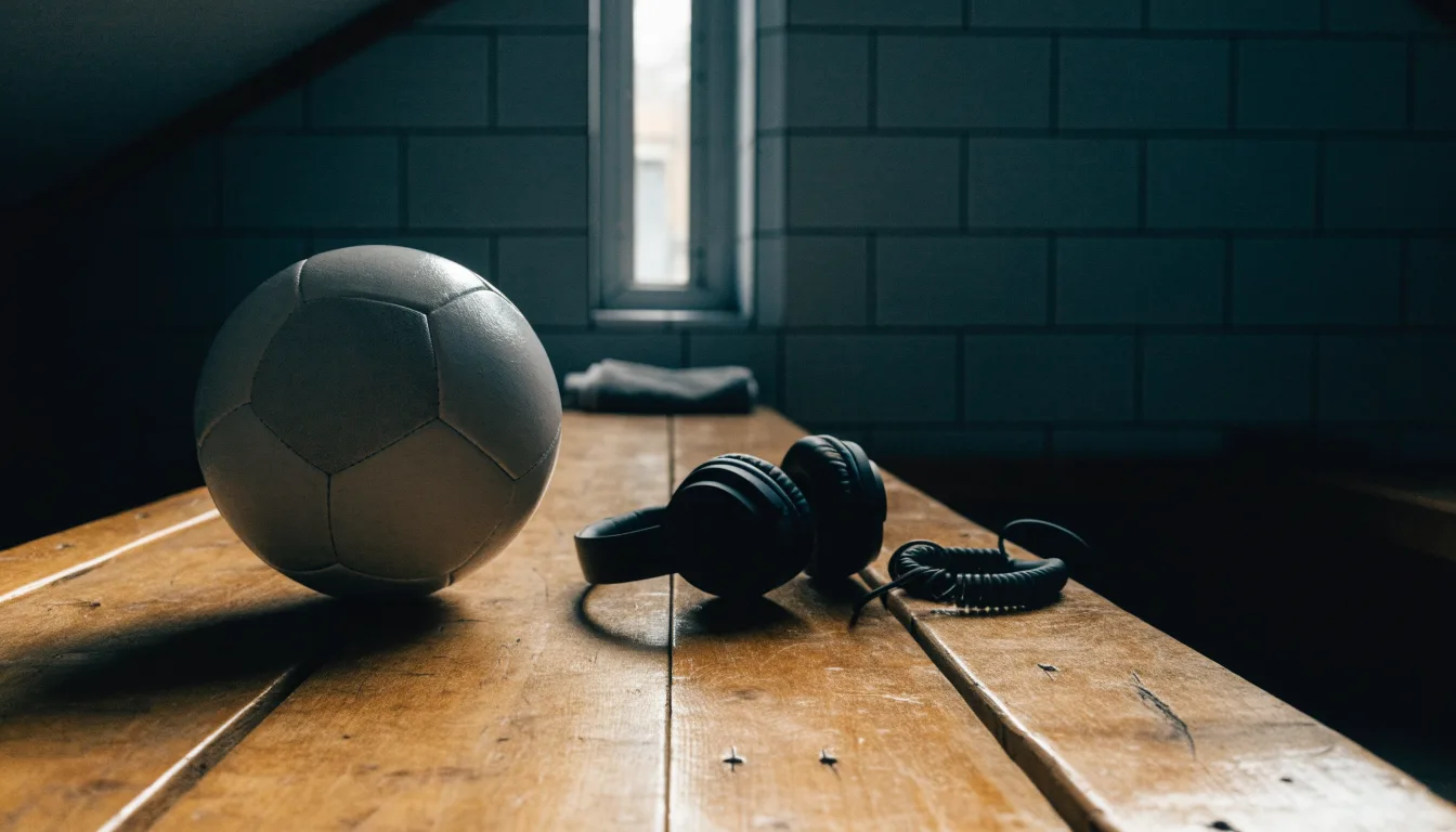 Ein Fußball liegt neben Kopfhörern auf einer Holzbank in einer Umkleide, Licht fällt durch ein schmales Fenster.