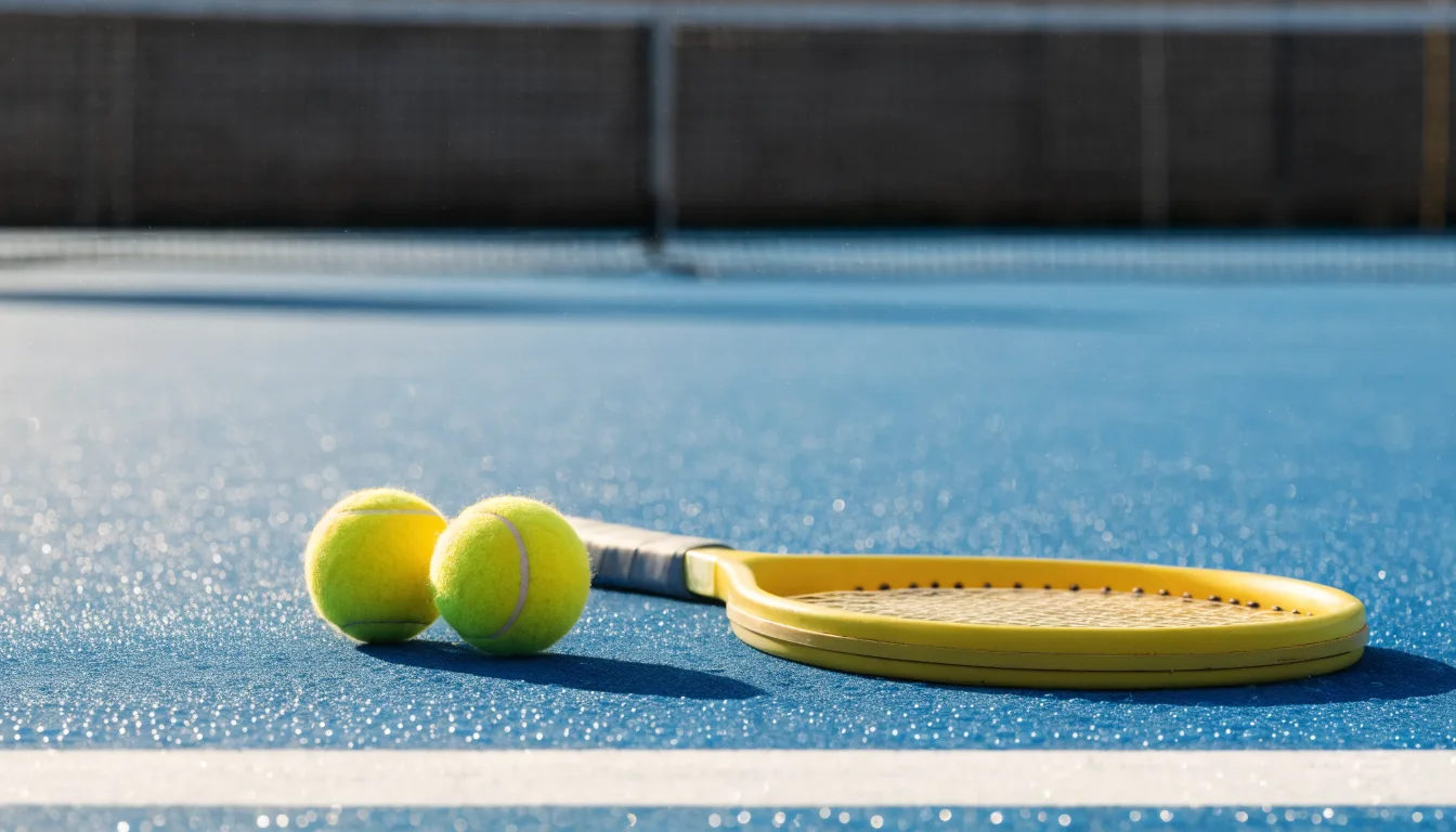 Zwei Tennisbälle und ein Schläger liegen auf der Grundlinie eines Hartplatzes, kleine Wassertropfen glänzen auf dem Belag.