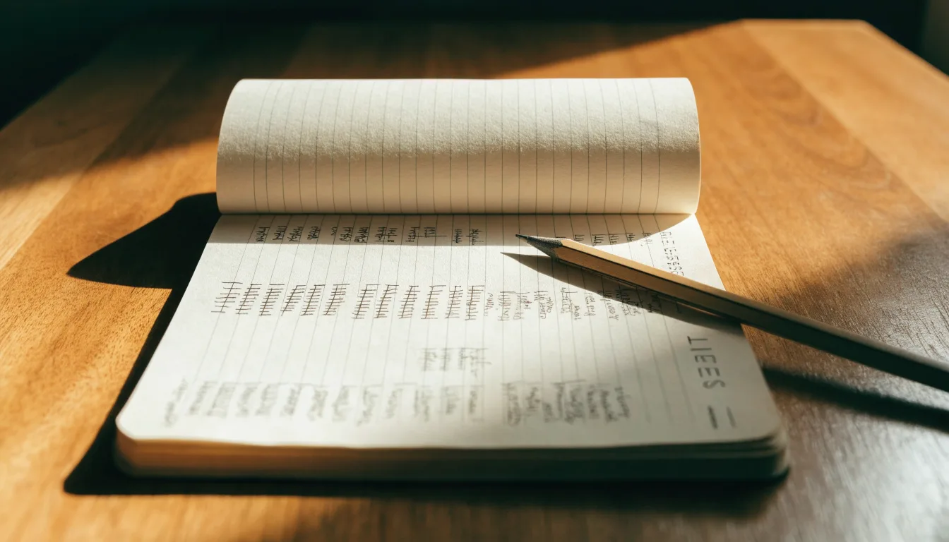 Ein handschriftlich geführtes Heft mit Strichlisten liegt neben einem Bleistift auf einem Tisch, seitlich fällt Tageslicht herein.