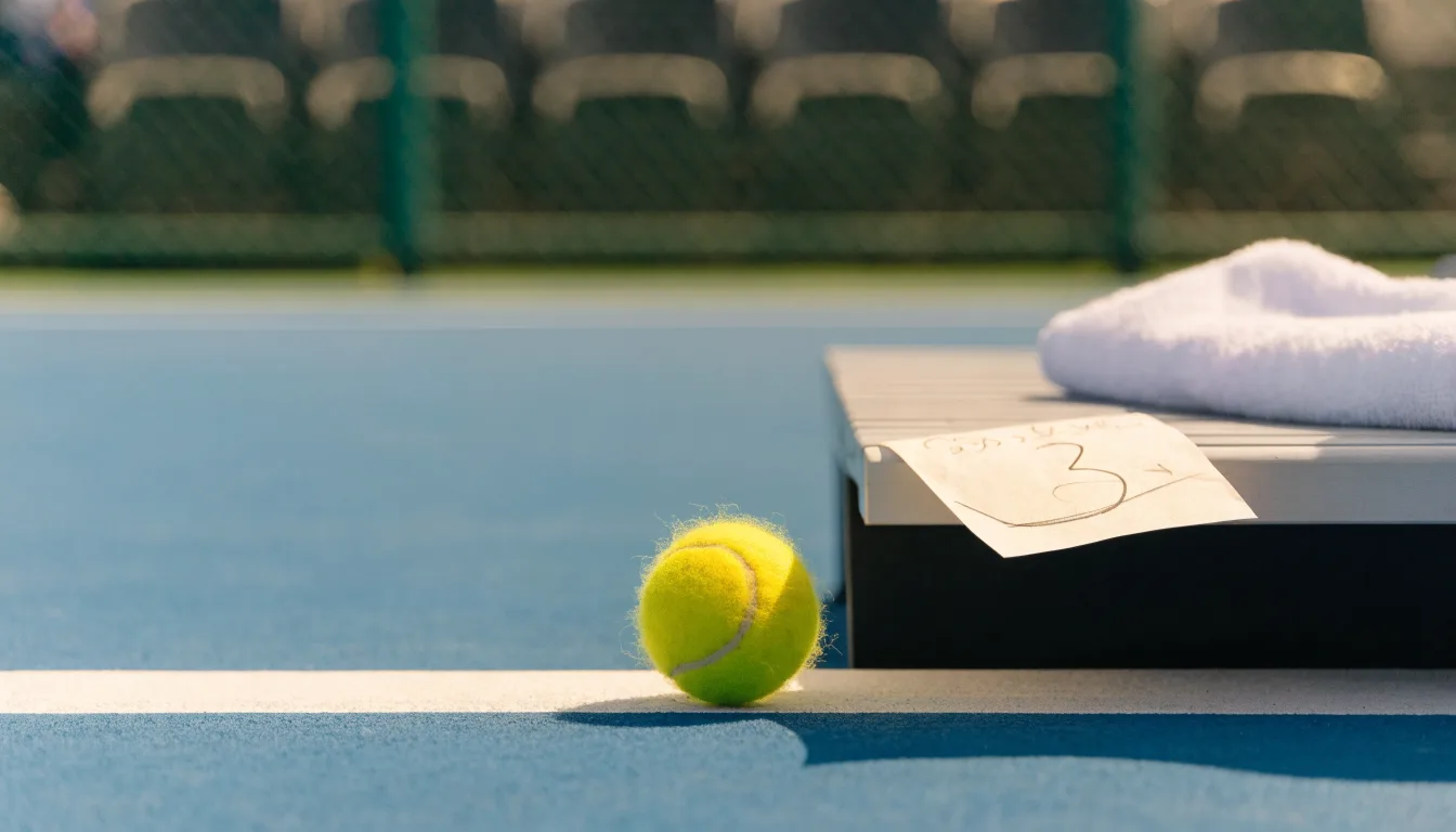 Ein gelber Tennisball liegt auf einer weißen Linie, daneben ein Handtuch auf einer Bank am Spielfeldrand.