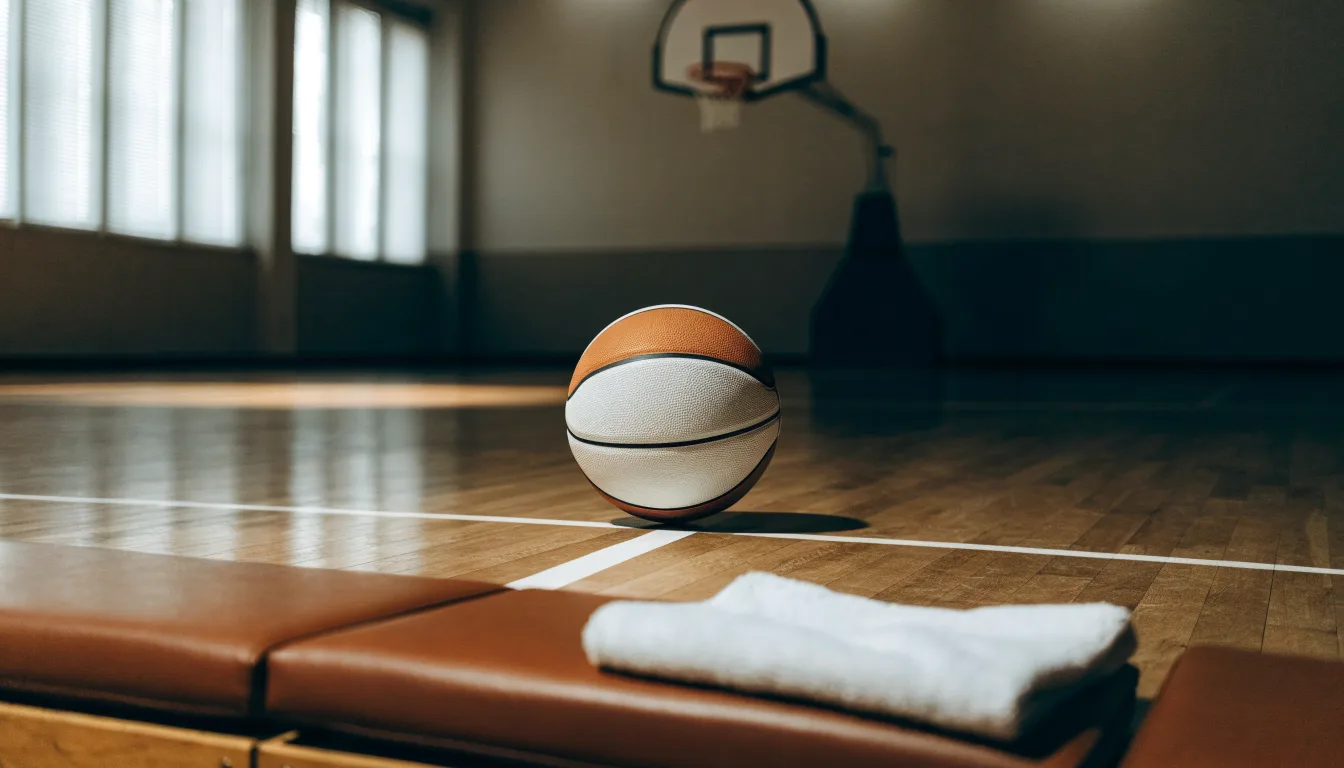 Ein Basketball liegt auf der Freiwurflinie einer Halle, im Vordergrund ein Handtuch auf einer Bank.