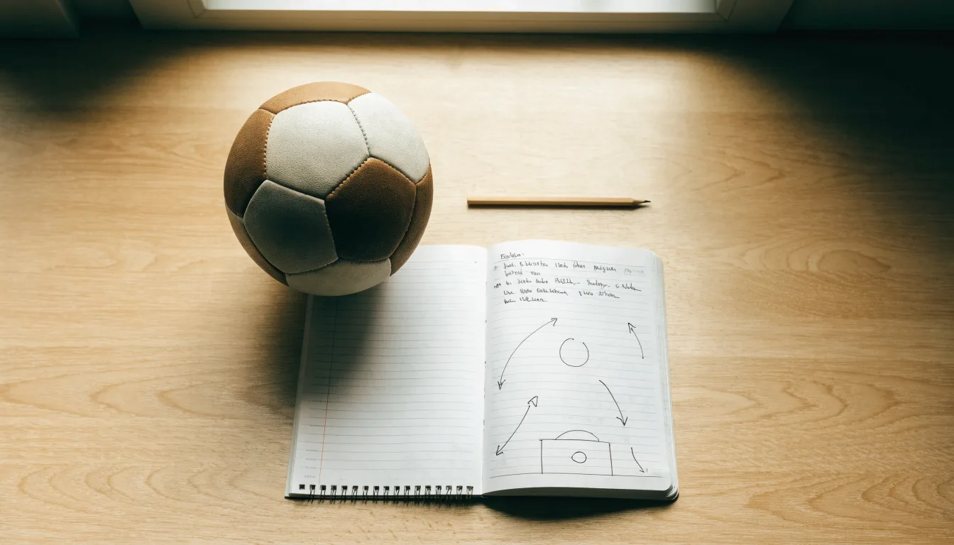 Ein Fußball liegt auf einem Notizbuch mit handgezeichneten Skizzen von Spielzügen, aufgenommen von oben auf einem Holztisch.