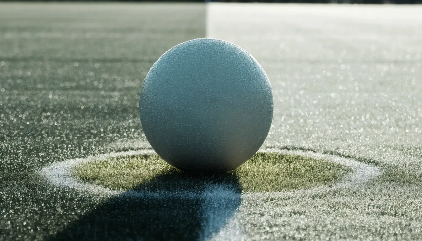 Ein Fußball liegt auf dem Anstoßpunkt eines Rasens bei Sonnenaufgang, Tau glitzert auf den Halmen.