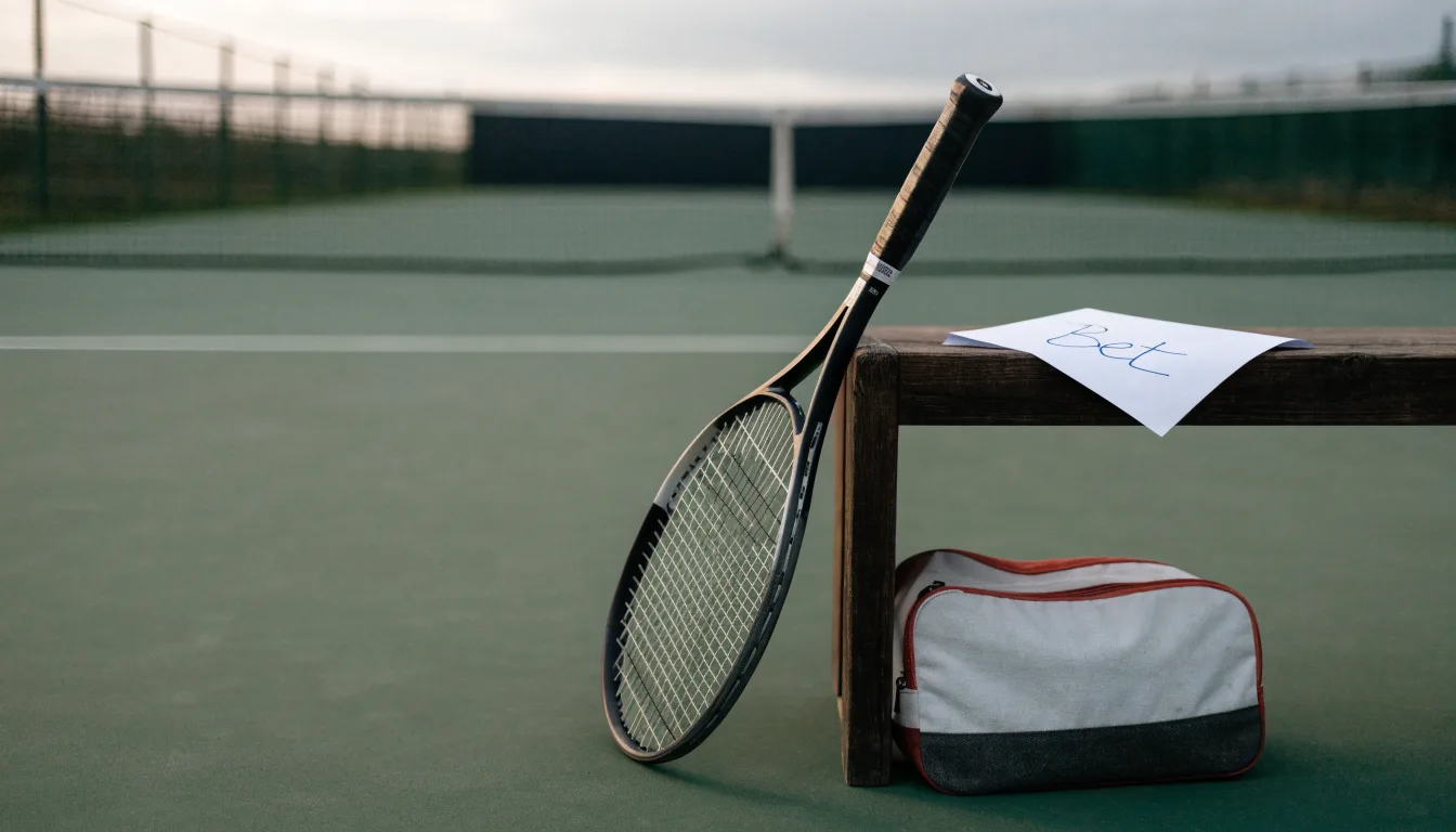 Ein Tennisschläger lehnt an einer Bank neben einer Sporttasche, im Hintergrund ein leerer Platz.