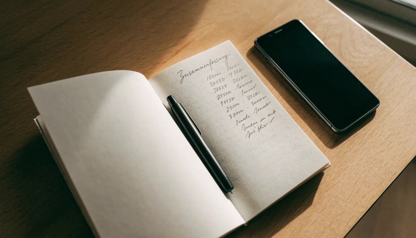Ein Notizbuch mit handschriftlichen Notizen und ein Kugelschreiber liegen neben einem Smartphone mit dunklem Display auf einem Holztisch.