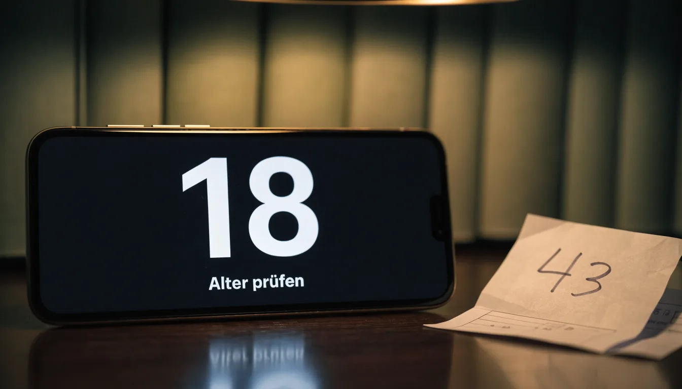 Eine Balkenwaage aus Messing steht auf einem dunklen Holztisch vor einer Bücherwand, gedämpftes Licht, keine lesbare Beschriftung.
