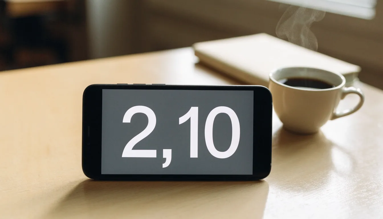Ein Smartphone mit dunklem Display liegt neben einer Kaffeetasse und einem Notizblock auf einem hellen Tisch.