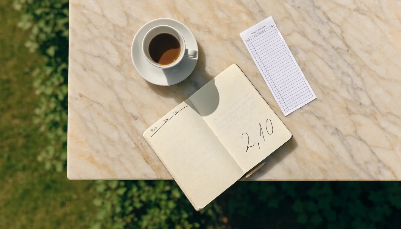 Eine Espressotasse steht auf einem kleinen Marmortisch einer Terrasse, daneben ein Notizheft mit handschriftlichen Skizzen.