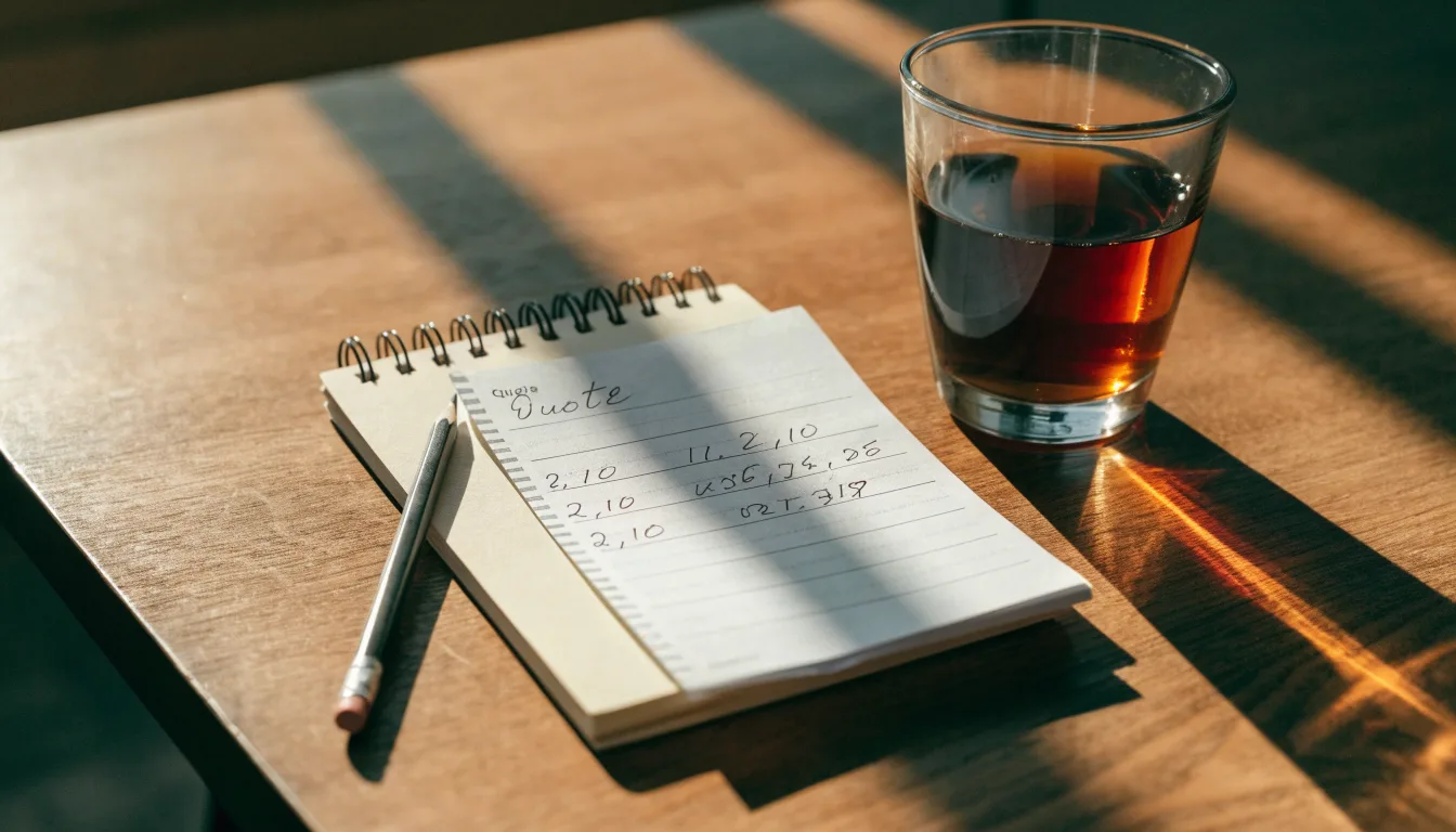 Ein Taschenrechner und ein Bleistift liegen auf einem karierten Notizblock neben einem Glas Tee auf einem Holztisch.