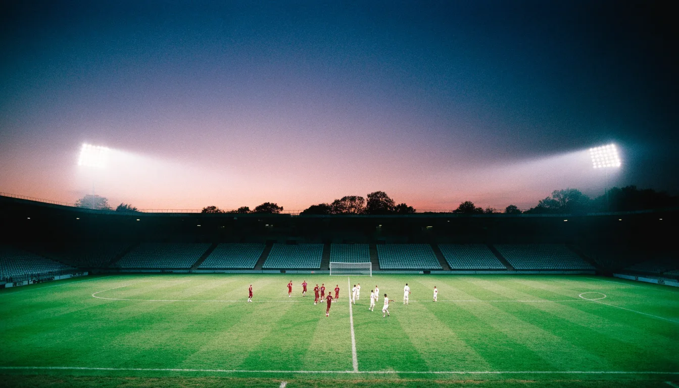Eine leere Stadiontribüne unter Flutlicht aus der Ferne betrachtet, die Rasenfläche leuchtet grün in der Dämmerung.
