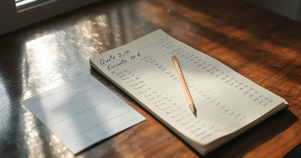 Ein aufgeschlagenes Notizbuch mit handschriftlichen Zahlenreihen und ein Bleistift liegen neben einem Taschenrechner auf einem Schreibtisch.
