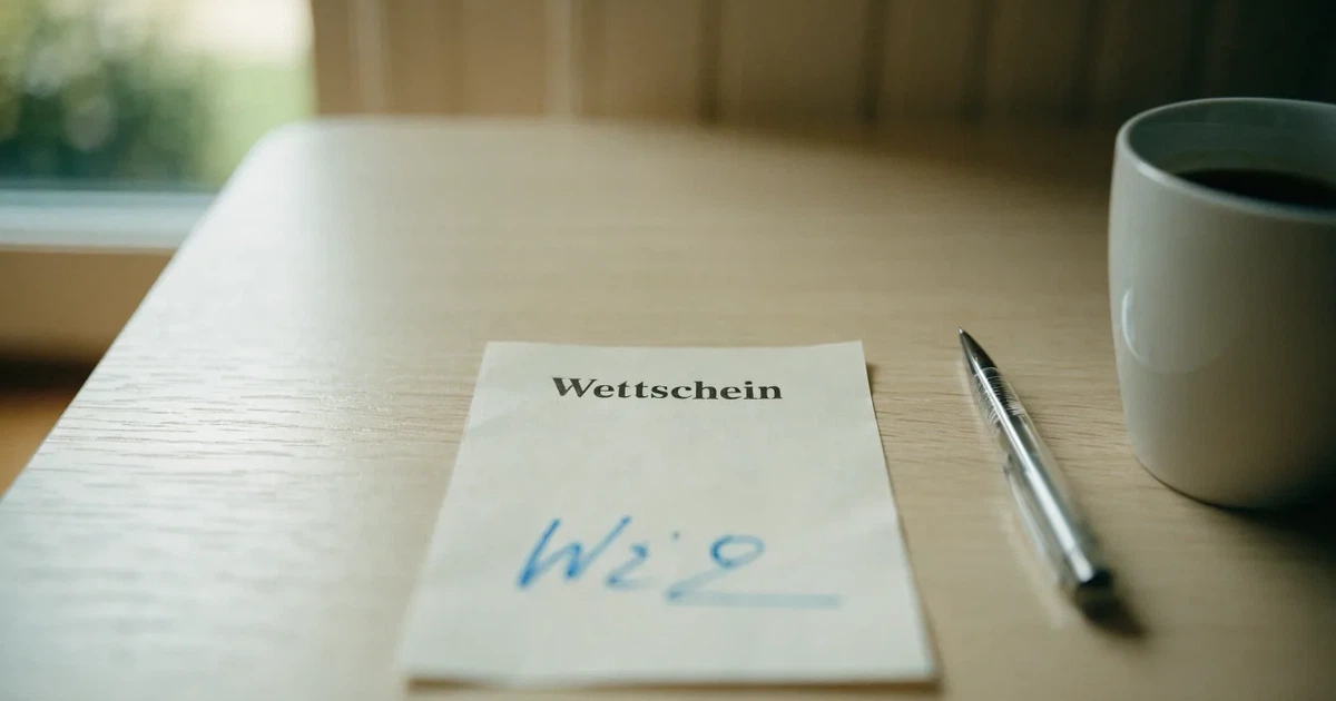 Ein leerer Papier-Wettschein liegt neben einem Kugelschreiber und einer Kaffeetasse auf einem hellen Holztisch, Tageslicht von links.