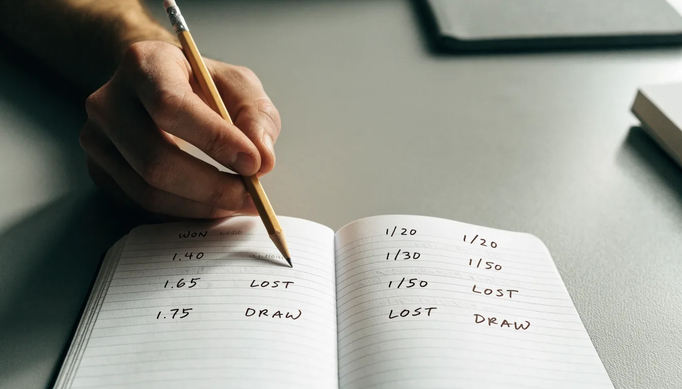 Ein Taschenrechner, ein Bleistift und ein Block mit handschriftlichen Zahlenreihen liegen auf einer grauen Arbeitsfläche.