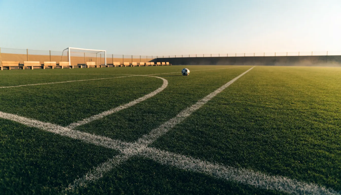 Ein Fußballplatz mit frisch gezogenen Kreidelinien im ersten Morgenlicht, leere Ersatzbänke am Spielfeldrand.