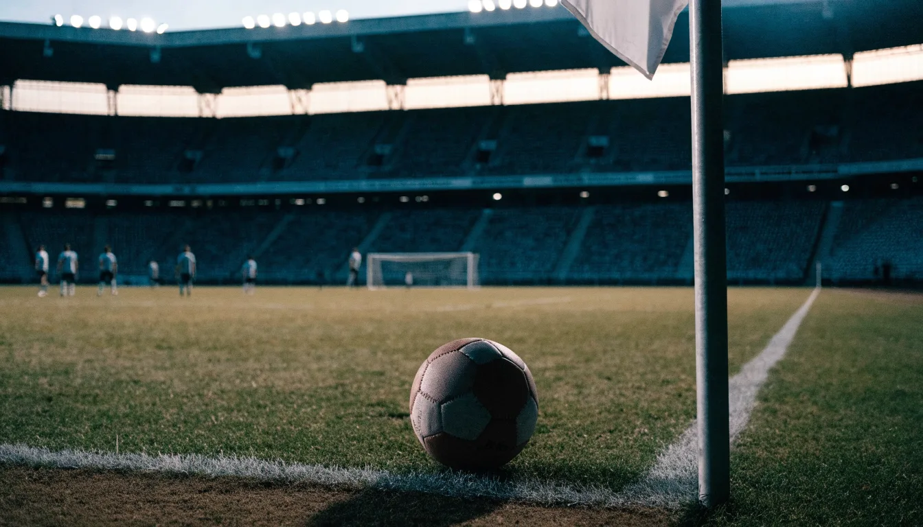 Ein Fußball liegt neben einem Eckfahnen-Pfosten auf einem Rasenplatz, im Hintergrund ein leeres Stadion in der Dämmerung.