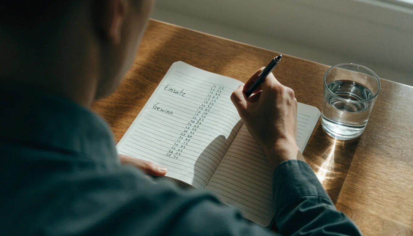 Ein Taschenrechner liegt auf einem Schreibtisch neben einem Block mit handschriftlichen Rechnungen und einem Glas Wasser.