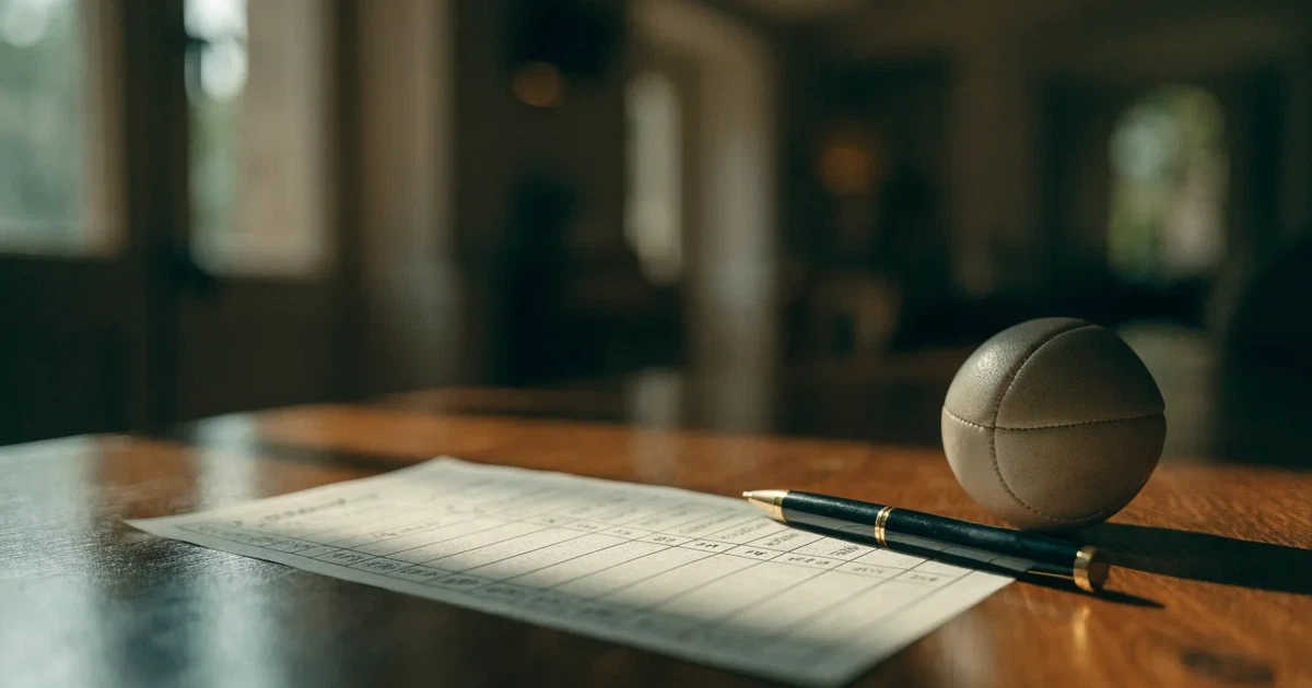 Ein leerer Papier-Wettschein und ein Kugelschreiber liegen neben einem kleinen Fußball auf einem Holztisch, weiches Fensterlicht.