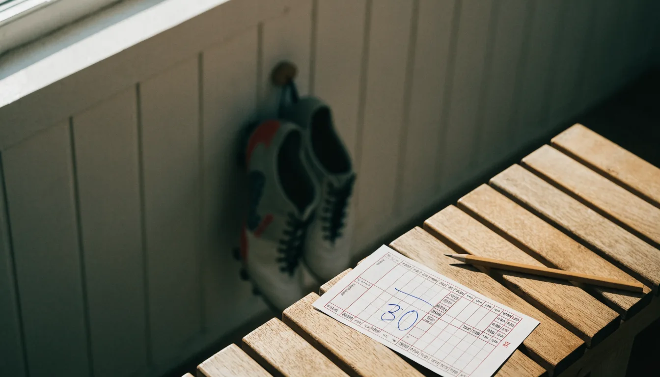 Ein Paar Fußballschuhe hängt an den Schnürsenkeln an einem Holzhaken in einer leeren Umkleidekabine.