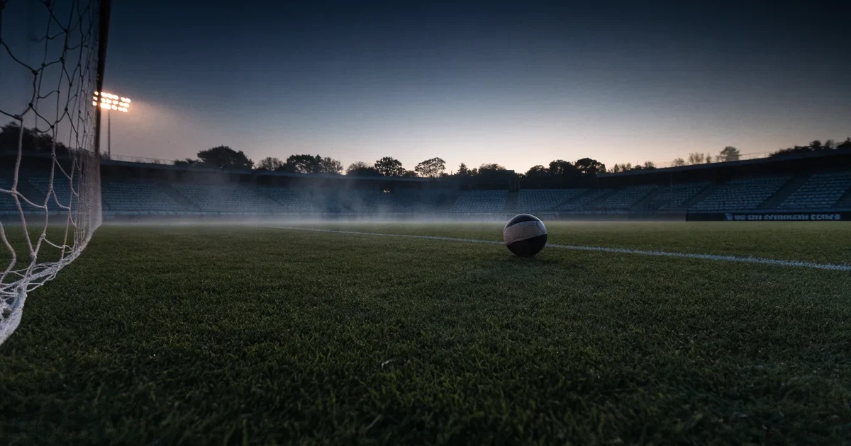 Ein Fußballplatz mit gepflegtem Rasen und einem Tor, über dem Spielfeld liegt Morgennebel, im Hintergrund eine leere Tribüne.