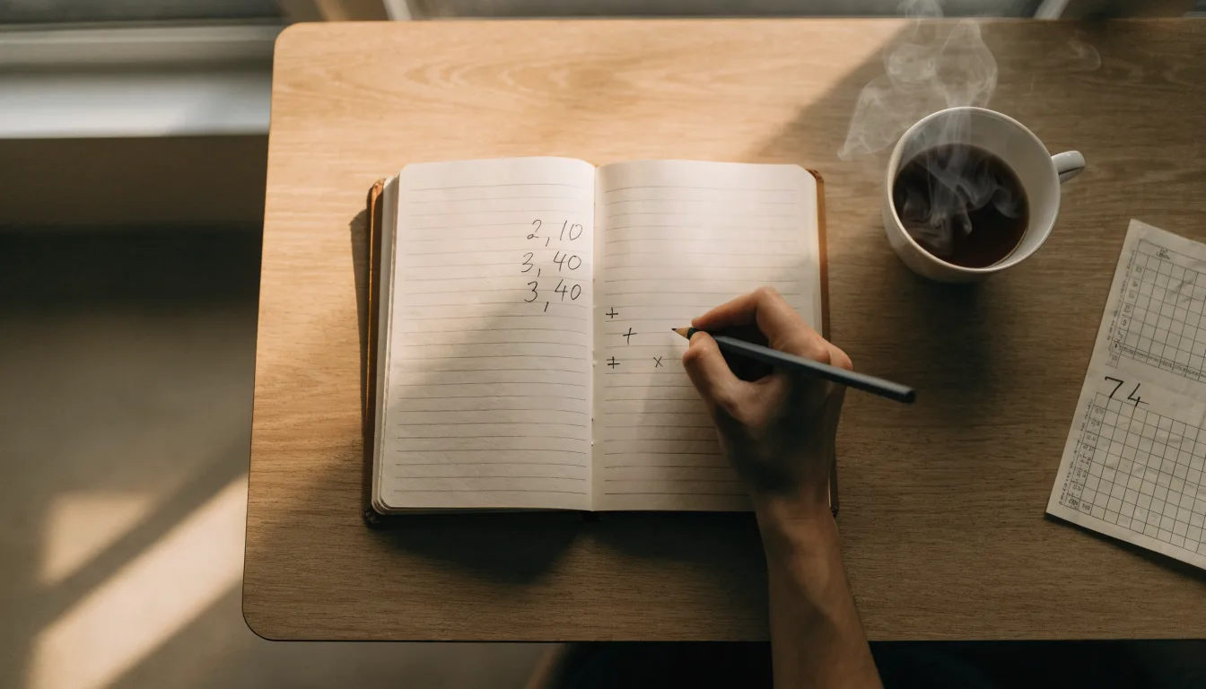 Ein Schreibtisch mit Taschenrechner, Bleistift und einem Block voller handschriftlicher Rechnungen, daneben eine Tasse Tee.