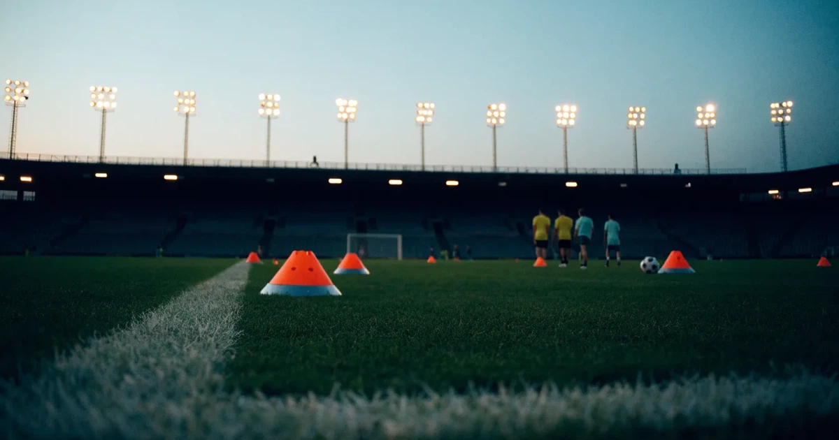 Eine Flutlichtanlage ragt über einen Trainingsplatz, auf dem Rasen liegen verstreut Hütchen und ein Ball, am Himmel die Abenddämmerung.