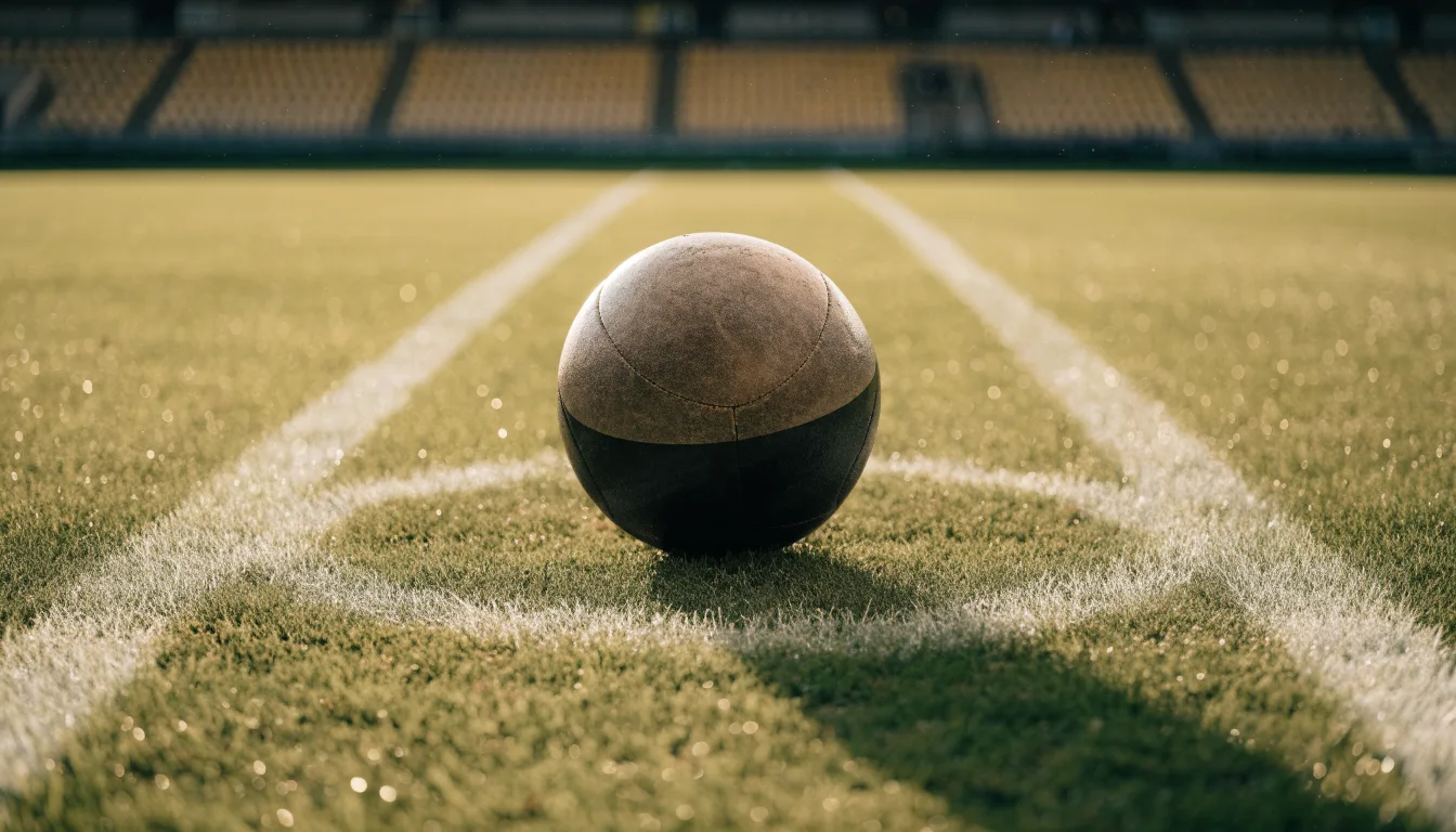 Ein Fußball liegt auf dem Rasen im Mittelkreis, die Kreidelinien führen scharf ins Bild, dahinter verschwimmt eine Tribüne.