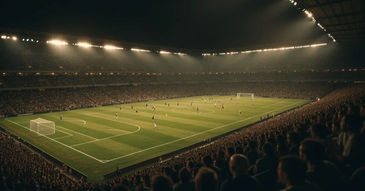Ein großes Stadion bei Nacht, aus der Ferne unter Flutlicht gesehen, die Ränge hell erleuchtet, der Rasen leuchtend grün.