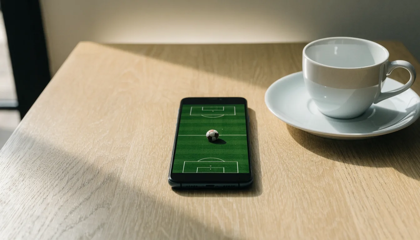 Ein Smartphone mit dunklem Display liegt neben einer Kaffeetasse auf einem Holztisch im Licht eines Fensters.