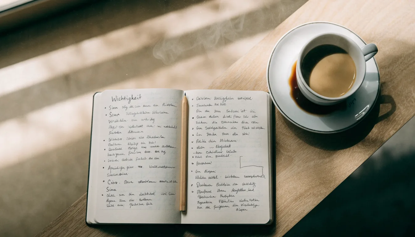 Ein aufgeschlagenes Notizbuch mit handgeschriebenen Stichpunkten und ein Bleistift liegen neben einer Kaffeetasse auf einem hellen Holztisch.