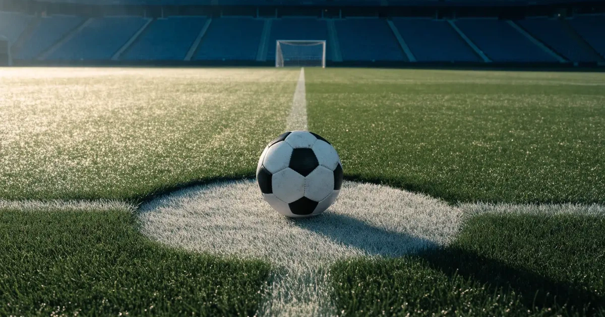 Ein Fußball liegt auf dem Mittelkreis eines Stadionrasens am frühen Morgen, im Hintergrund leere Ränge ohne erkennbare Beschriftung.