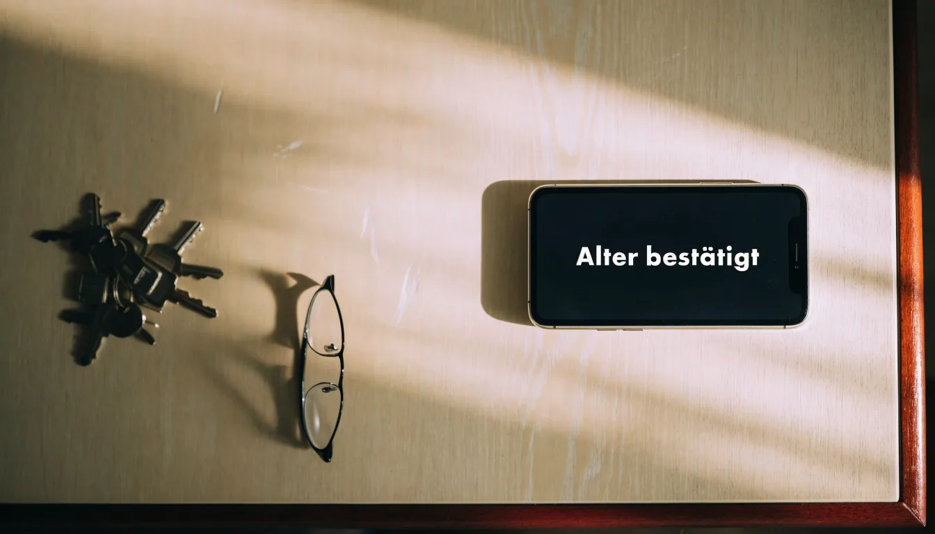 Ein Smartphone liegt mit dunklem Display auf einem Holztisch neben einem Schlüsselbund und einer Brille im Licht eines Fensters.