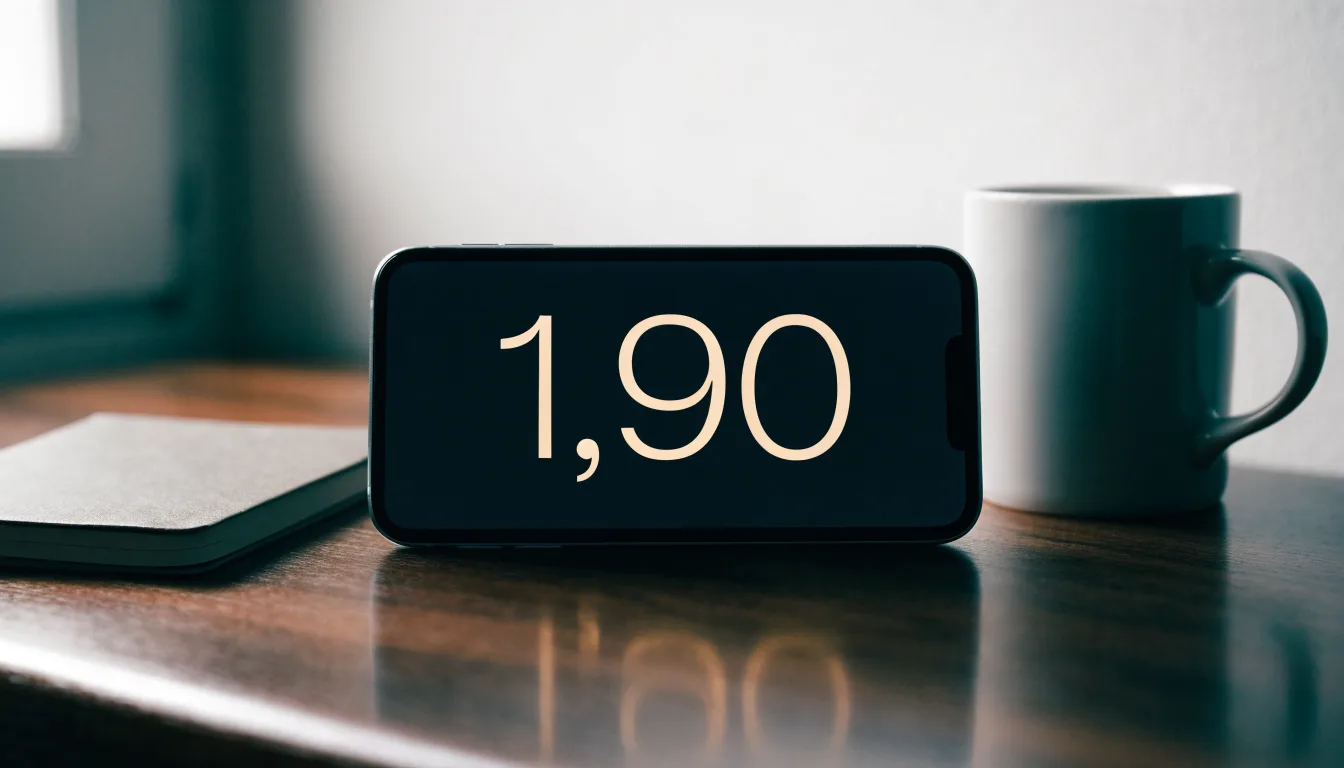 Ein Smartphone liegt mit dunklem Display auf einem Schreibtisch neben einem Notizbuch und einer Kaffeetasse.