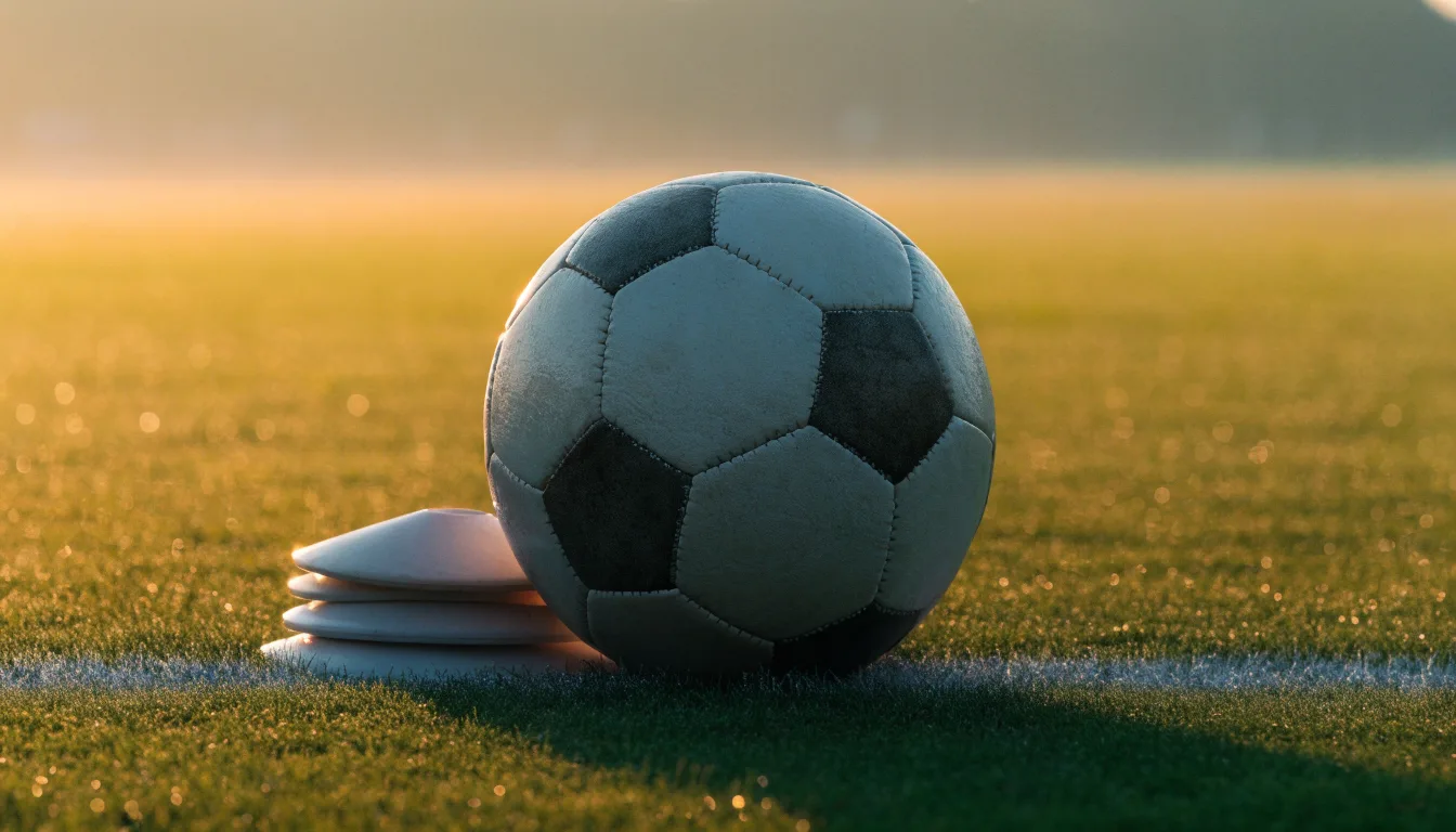 Ein Fußball liegt auf einem Rasenplatz bei Sonnenaufgang, daneben ein kleiner Stapel Trainingshütchen.