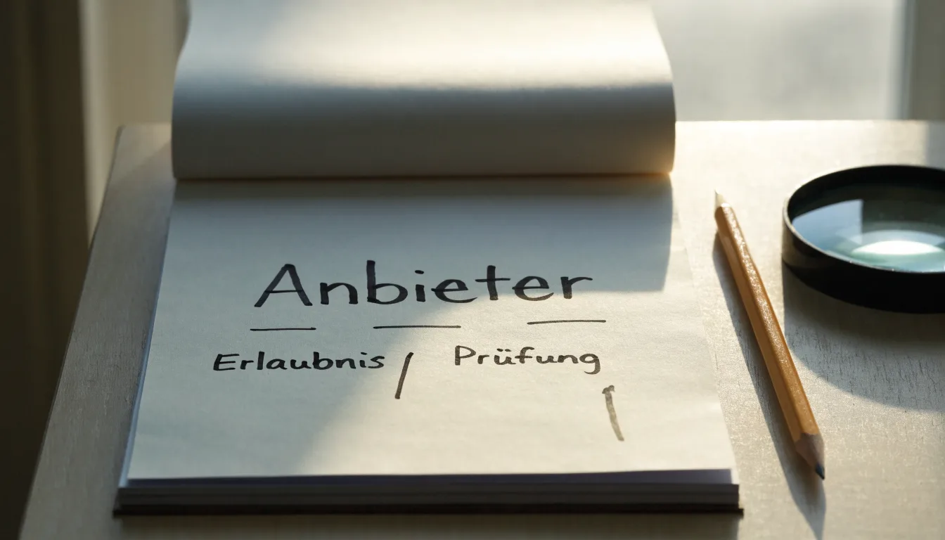 Ein schmaler Schreibtisch am Fenster mit einem Notizbuch, einer Lupe und einem Bleistift im Morgenlicht.