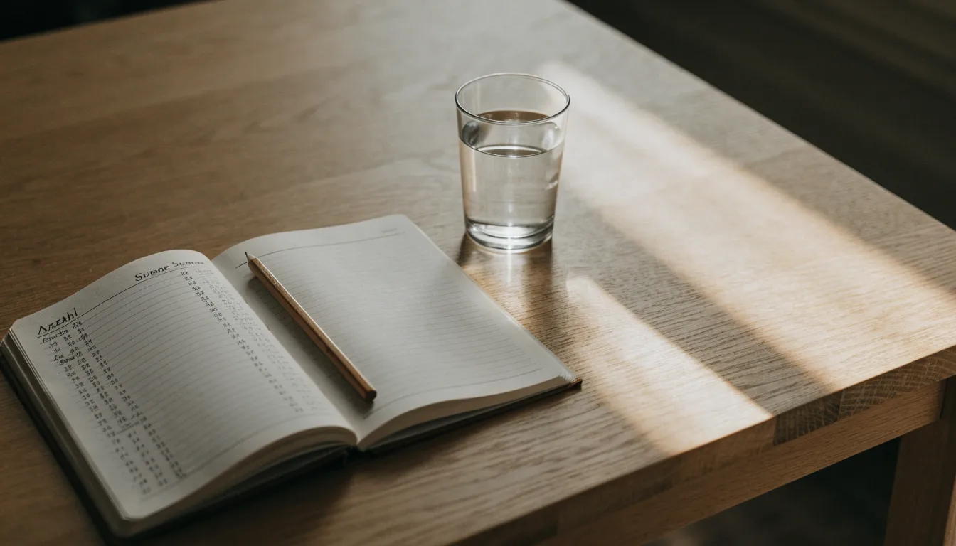 Ein Notizbuch mit handgezeichneten Spalten und ein Bleistift liegen auf einem hellen Holztisch neben einem Glas Wasser.