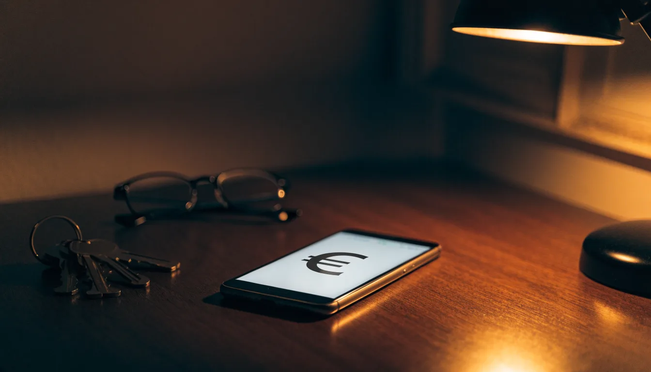 Ein Smartphone liegt mit dunklem Display auf einem Schreibtisch neben einem Schlüsselbund und einer Brille.