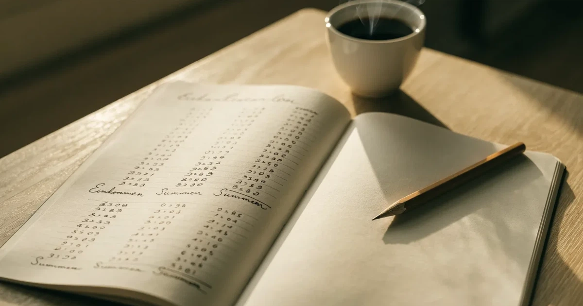 Handschriftliche Zahlenkolonnen in einem Notizbuch, daneben ein Bleistift und eine Tasse Kaffee auf hellem Holz.