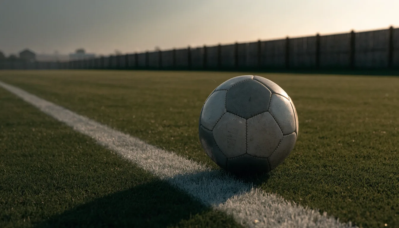 Ein Fußball liegt am Rand eines Rasens neben einer weißen Linie, im Hintergrund ein Zaun in der Abendsonne.