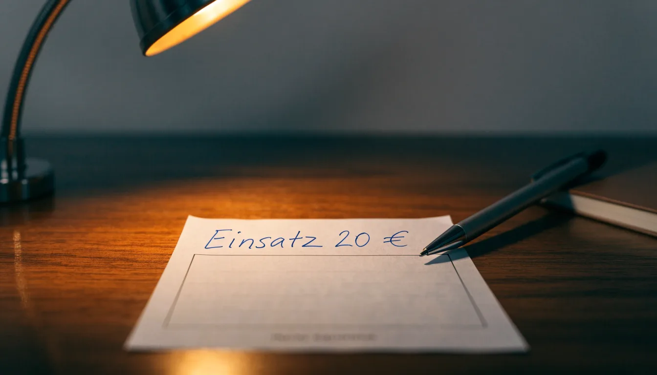 Ein Schreibtisch mit Lupe, Kugelschreiber und einem leeren Notizblock unter einer Lampe in einem ruhigen Raum.