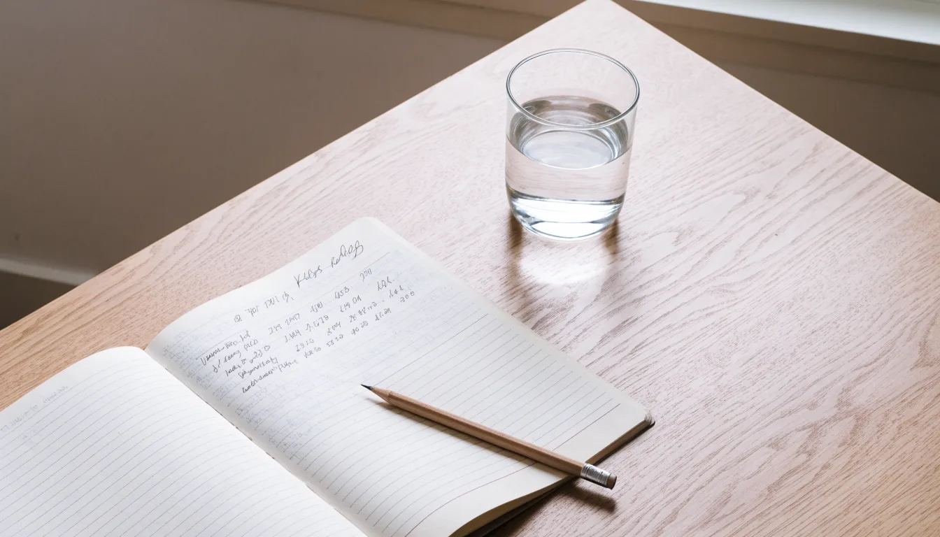 Ein Notizbuch und ein Bleistift liegen neben einem Glas Wasser auf einem hellen Tisch.
