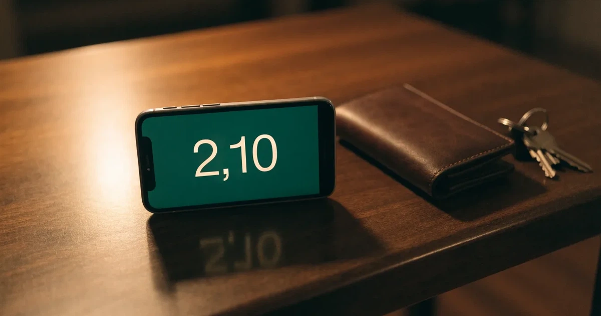 Ein Smartphone mit dunklem Display liegt neben einer Geldbörse und einem Schlüssel auf einem Tisch.