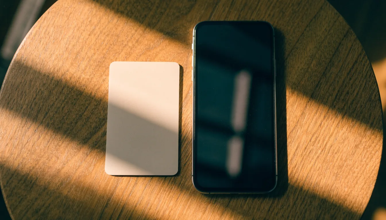 Eine Bankkarte ohne Aufdruck liegt neben einem Smartphone mit dunklem Display auf einem Holztisch.