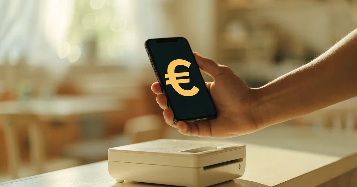 Eine Hand hält ein Smartphone dicht an ein Kartenlesegerät ohne erkennbare Beschriftung in einem Café.